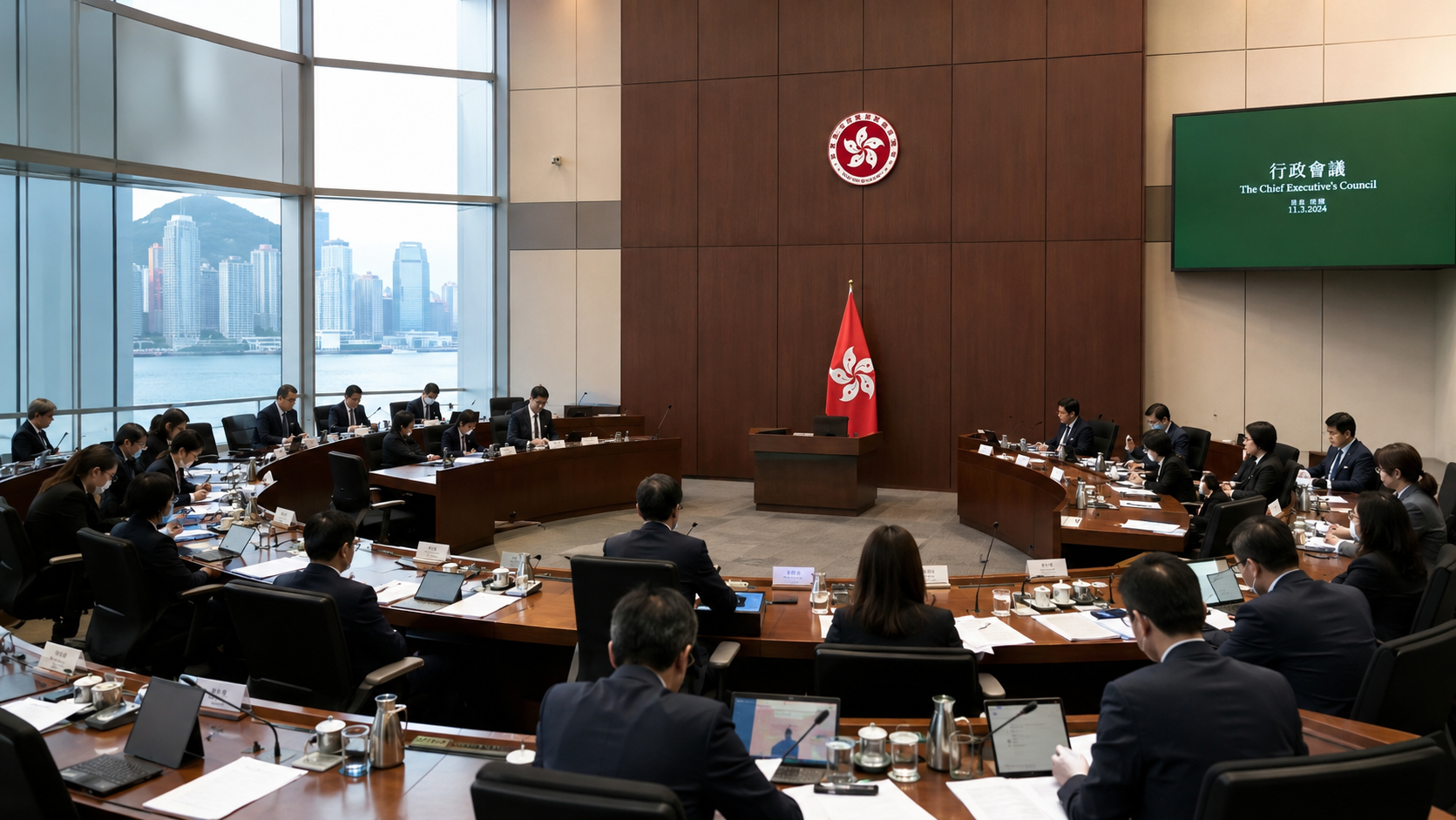 Hong Kong officials seated around the curved table of a council chamber, with the city skyline and Victoria Harbour visible through floor-to-ceiling windows